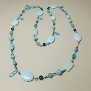 Vintage Long Blue Beaded Necklace, Mixed Shapes, Glass Plastic Beads, No Clasp